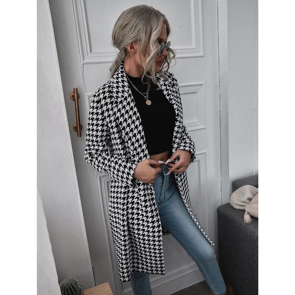 Lapel Collar Double Breasted Houndstooth plaid long pea Coat peacoat trench coat - Picture 5 of 5